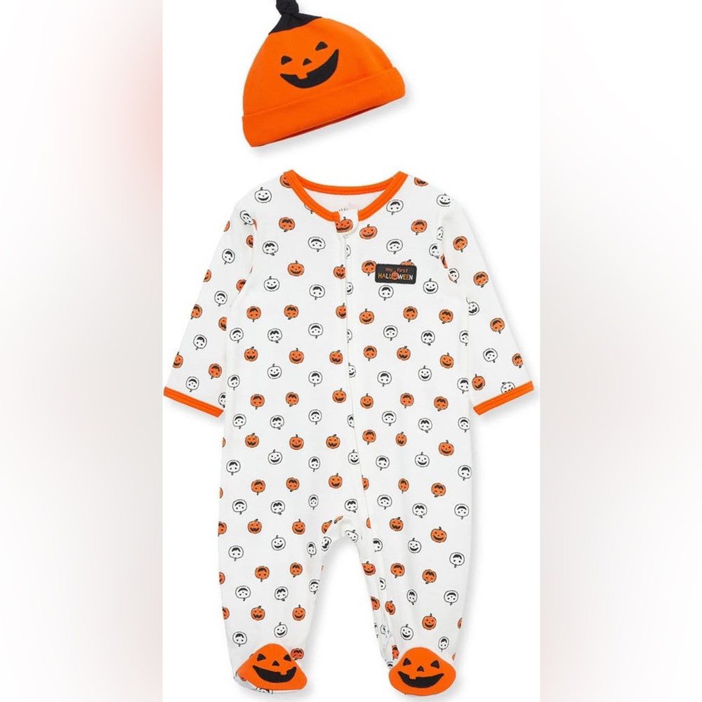 Little Me White and Orange Pumpkin Footie w Hat